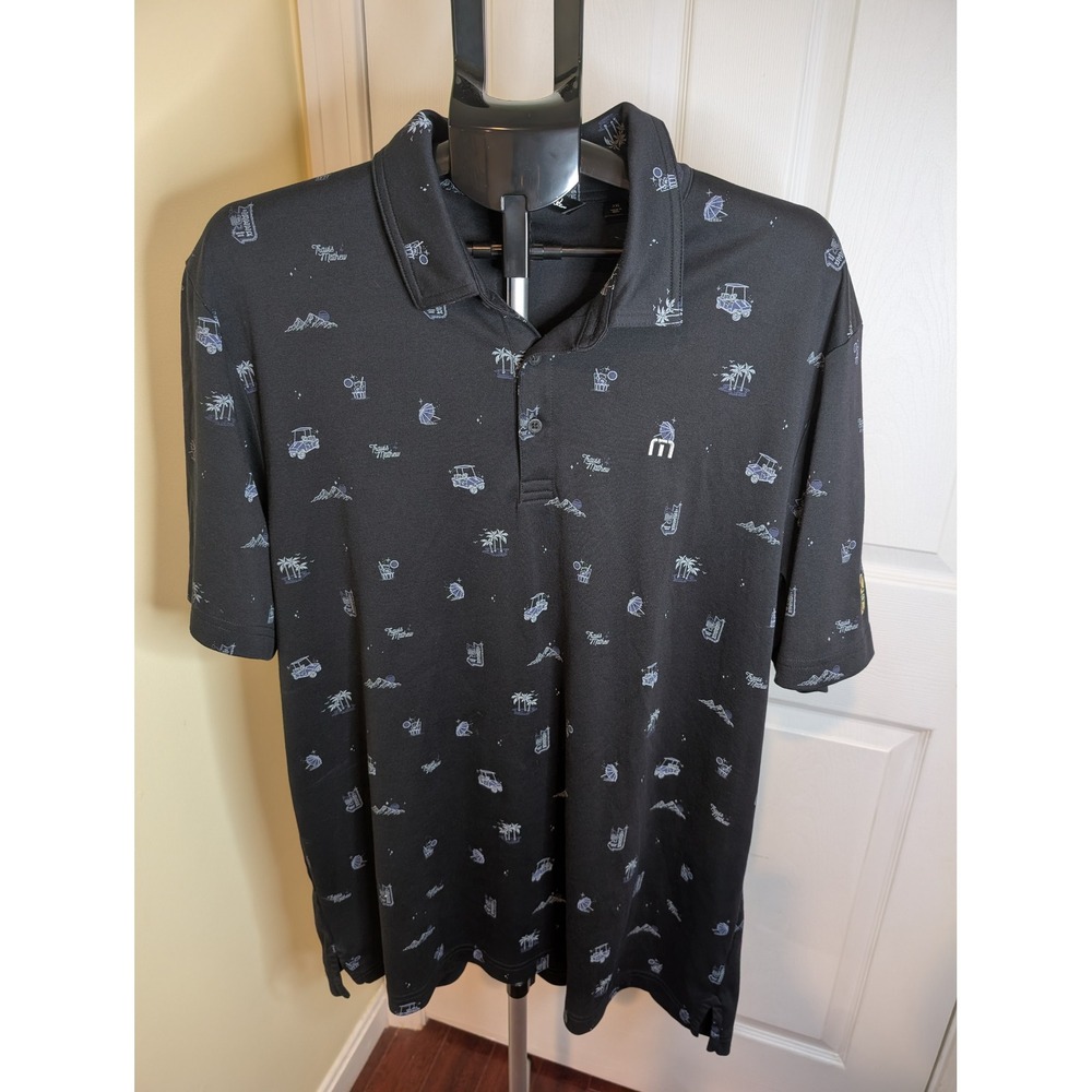 TravisMathew Acai Palm Polo Shirt Mens XXL Black Golf Print Short Sleeve